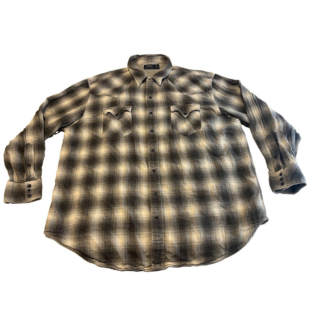 Polo Ralph Lauren Western Pearl Snap Shirt Flannel Gray Plaid Men's 2XB Cowboy